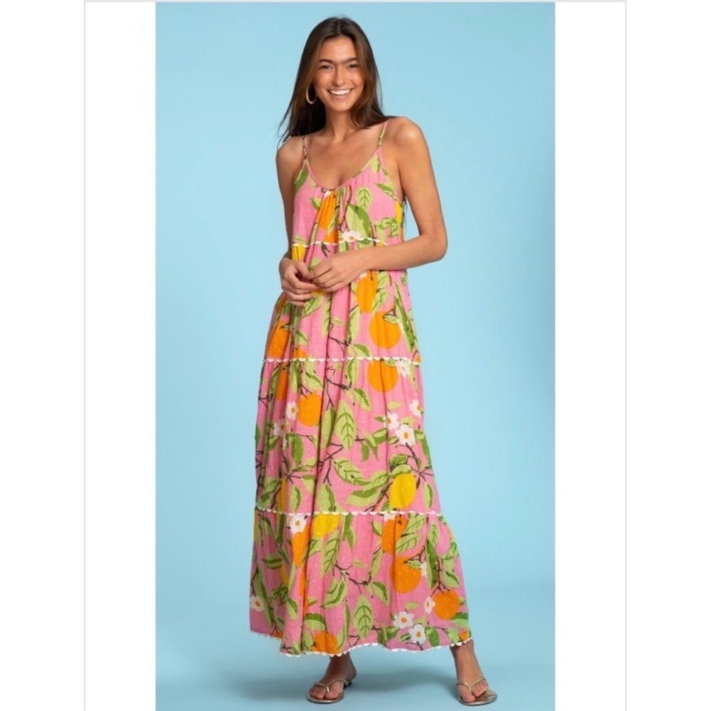 Olivia James The Label Pink Citrus Fruit Print Tiered Maxi Dress Ric Rac Trim XS